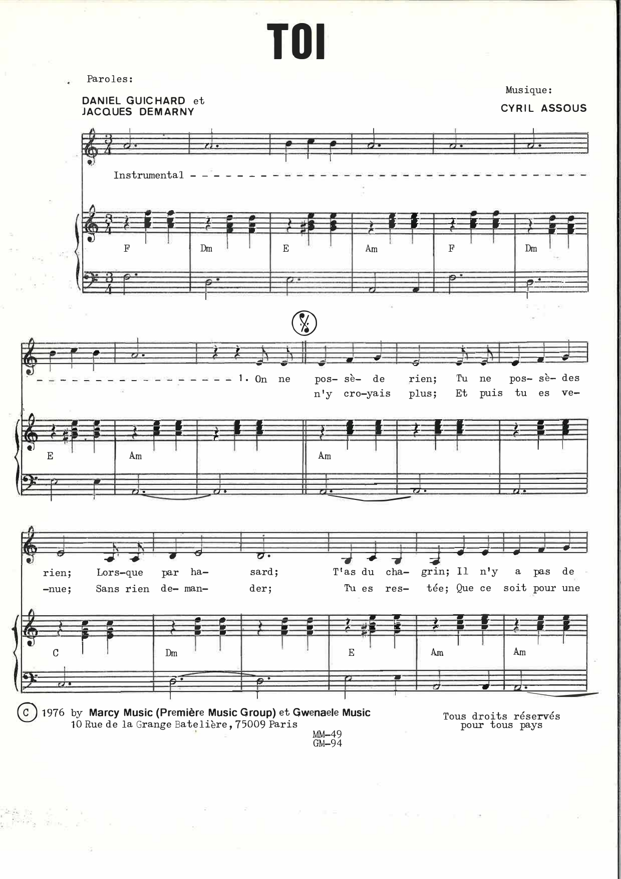 Daniel Guichard Toi sheet music notes and chords arranged for Piano & Vocal