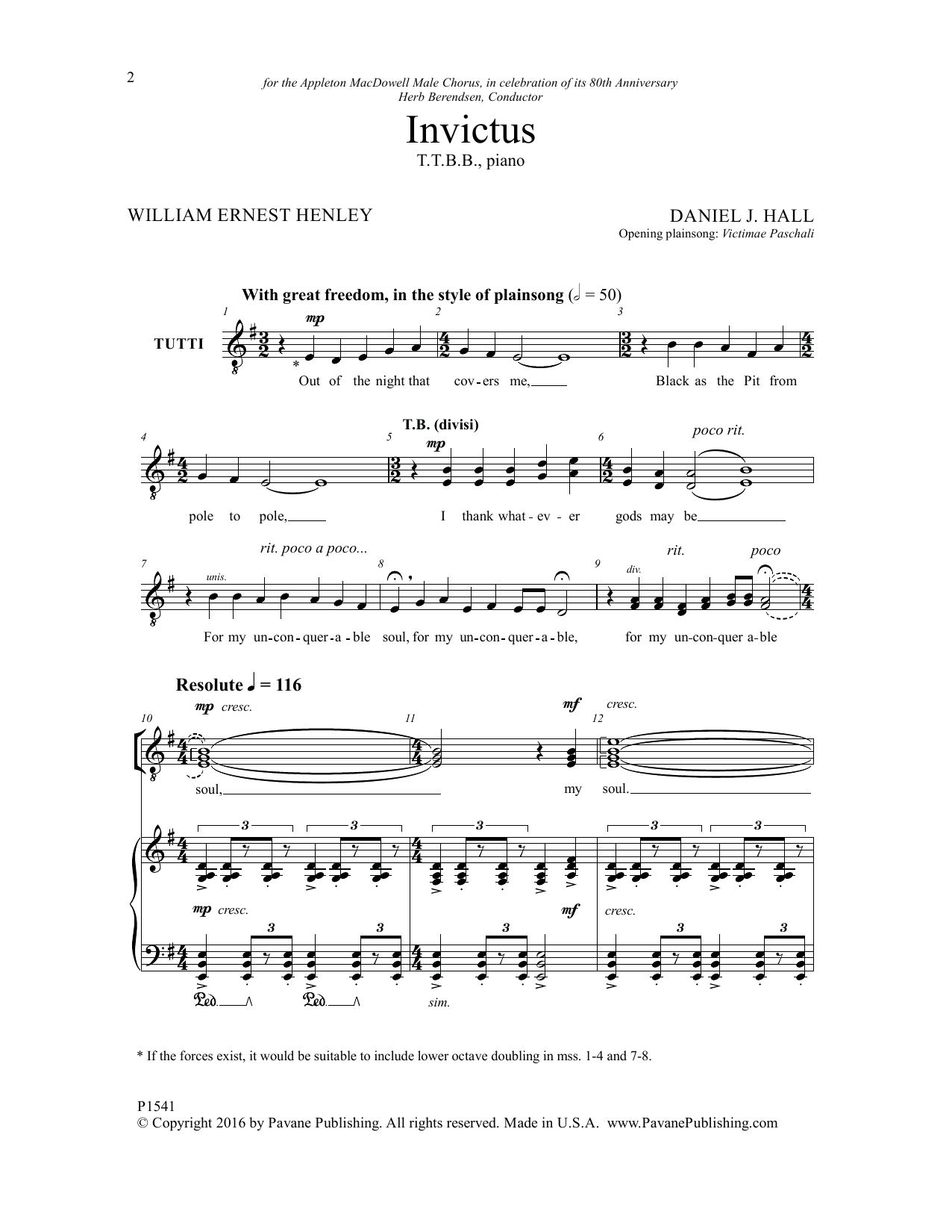 Daniel J. Hall Invictus sheet music notes and chords arranged for TTBB Choir