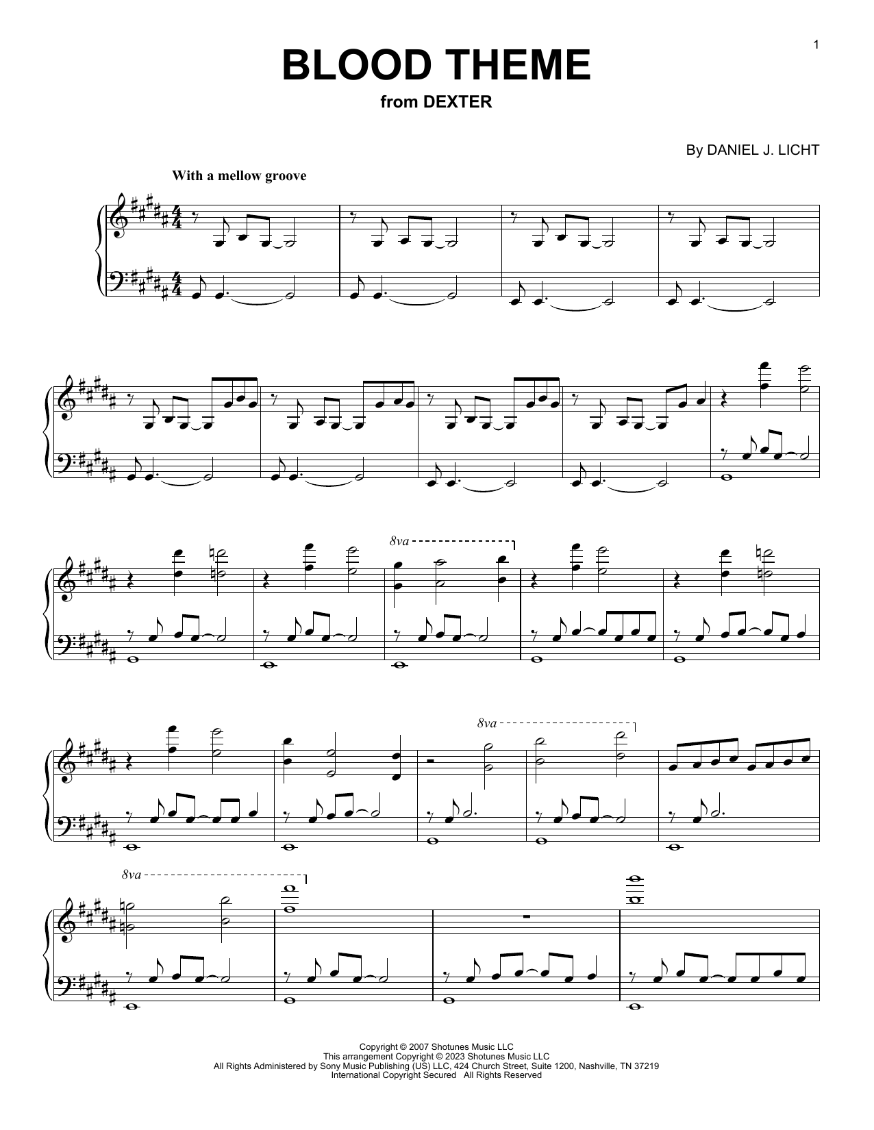 Daniel J. Licht Blood Theme (from Dexter) sheet music notes and chords arranged for Piano Solo