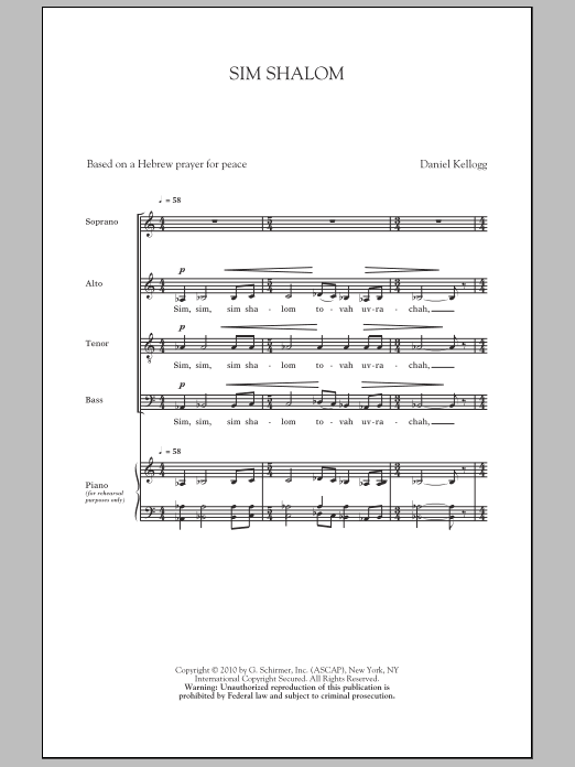 Daniel Kellogg Sim Shalom sheet music notes and chords arranged for SATB Choir