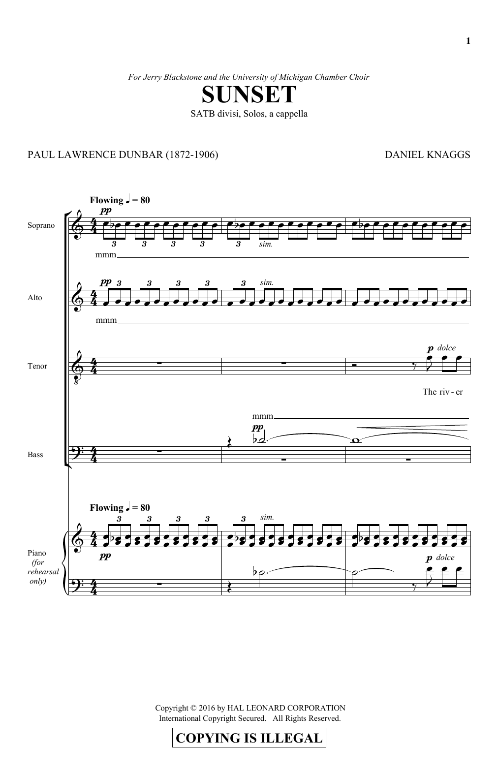 Daniel Knaggs Sunset sheet music notes and chords arranged for SATB Choir