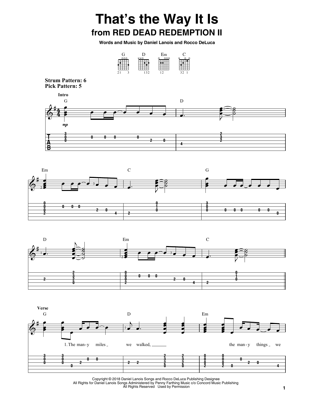 Daniel Lanois and Rocco DeLuca That's The Way It Is (from Red Dead Redemption II) sheet music notes and chords arranged for Easy Guitar Tab