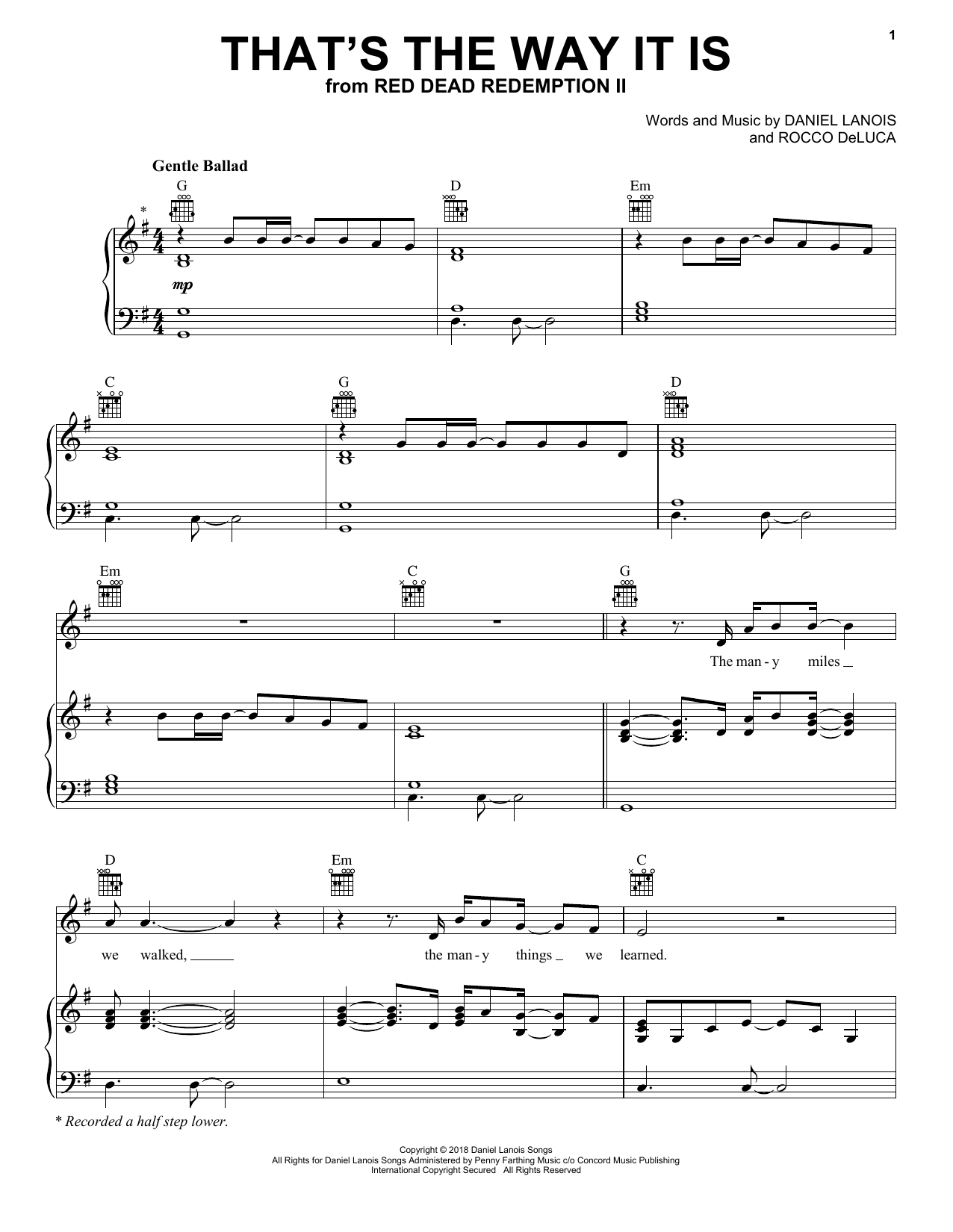Daniel Lanois That's The Way It Is (from Red Dead Redemption 2) sheet music notes and chords arranged for Piano, Vocal & Guitar Chords (Right-Hand Melody)