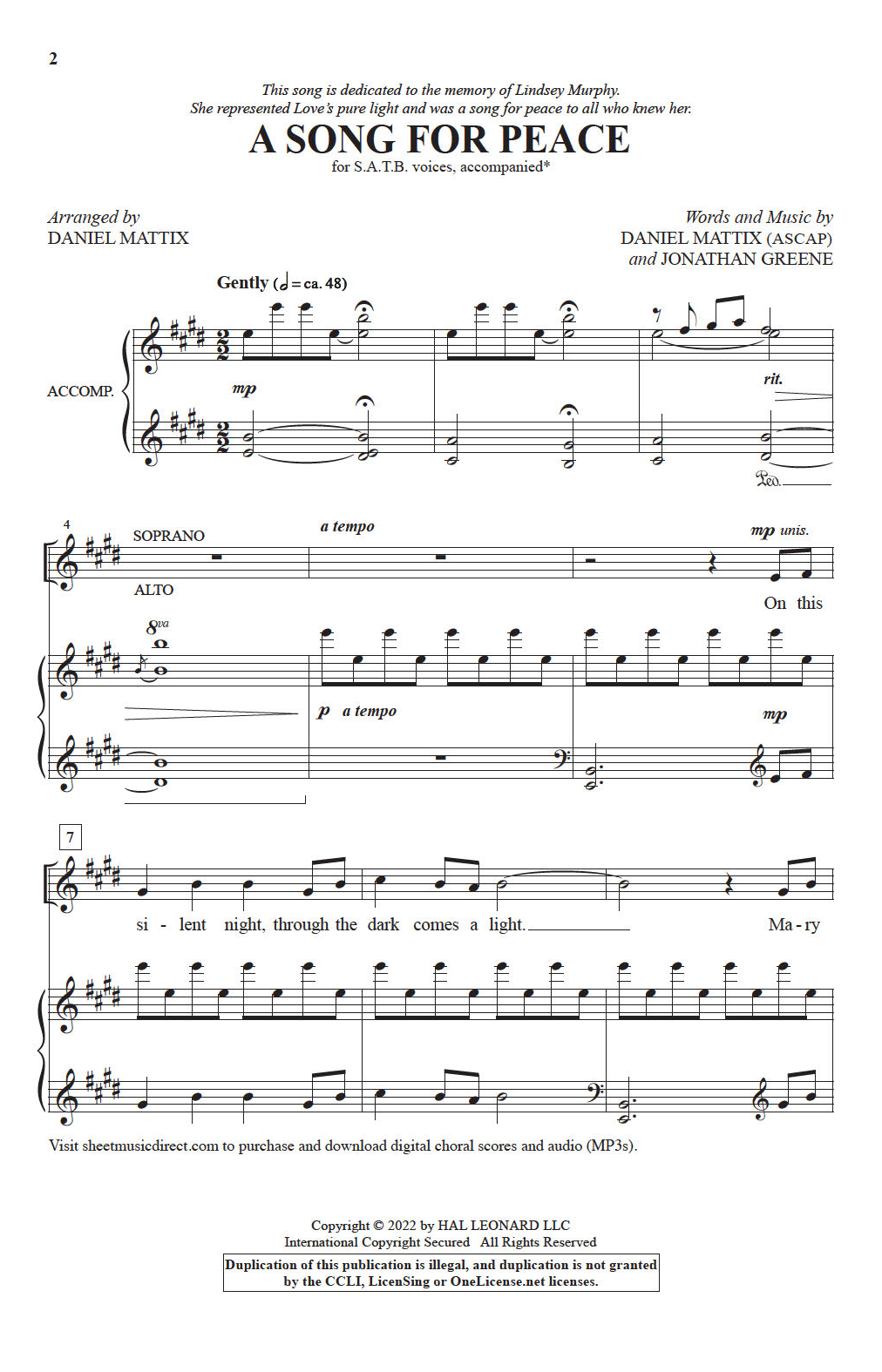 Daniel Mattix and Jonathan Greene A Song For Peace (arr. Daniel Mattix) sheet music notes and chords arranged for SATB Choir