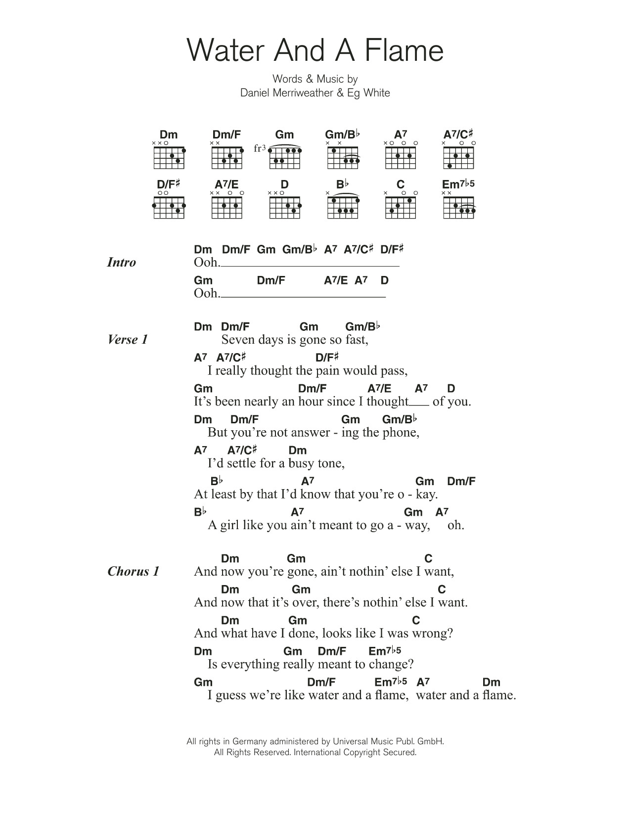 Daniel Merriweather Water And A Flame (featuring Adele) sheet music notes and chords arranged for Guitar Chords/Lyrics