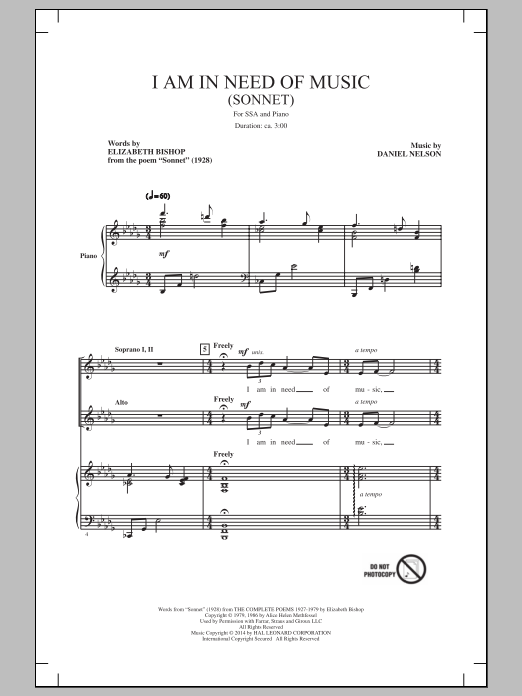 Daniel Nelson I Am In Need Of Music (Sonnet) sheet music notes and chords arranged for SSA Choir