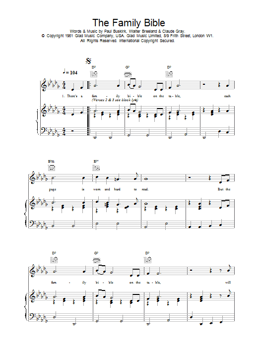 Daniel O'Donnell The Family Bible sheet music notes and chords arranged for Piano, Vocal & Guitar Chords