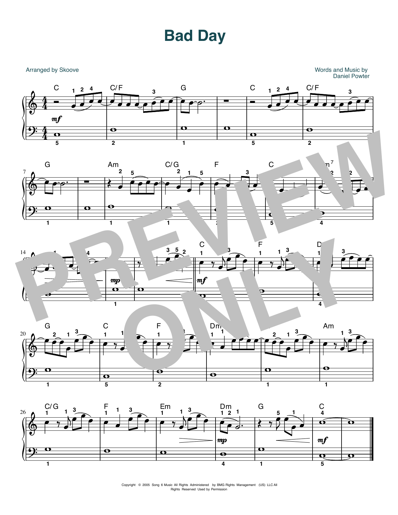 Daniel Powter Bad Day (arr. Skoove) sheet music notes and chords arranged for Beginner Piano (Abridged)