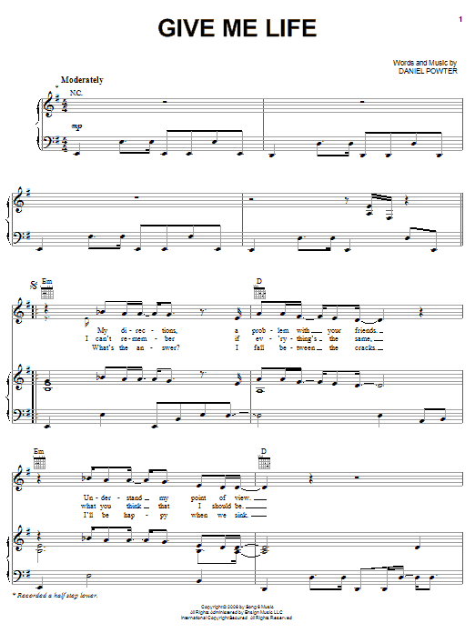 Daniel Powter Give Me Life sheet music notes and chords arranged for Piano, Vocal & Guitar Chords (Right-Hand Melody)