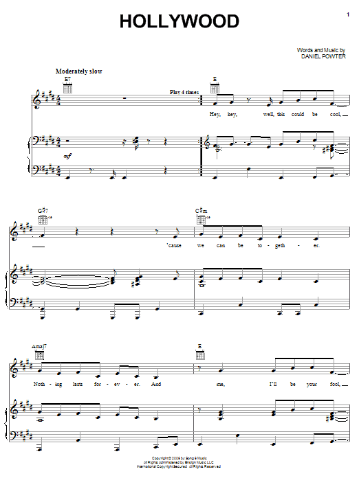 Daniel Powter Hollywood sheet music notes and chords arranged for Piano, Vocal & Guitar Chords (Right-Hand Melody)