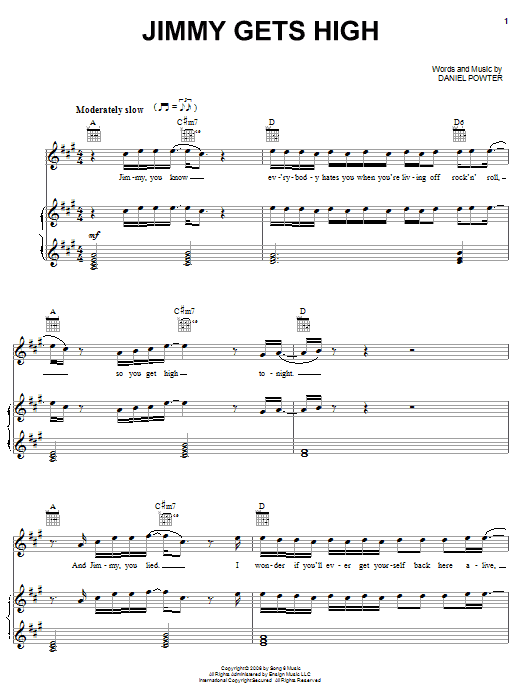 Daniel Powter Jimmy Gets High sheet music notes and chords arranged for Piano, Vocal & Guitar Chords (Right-Hand Melody)