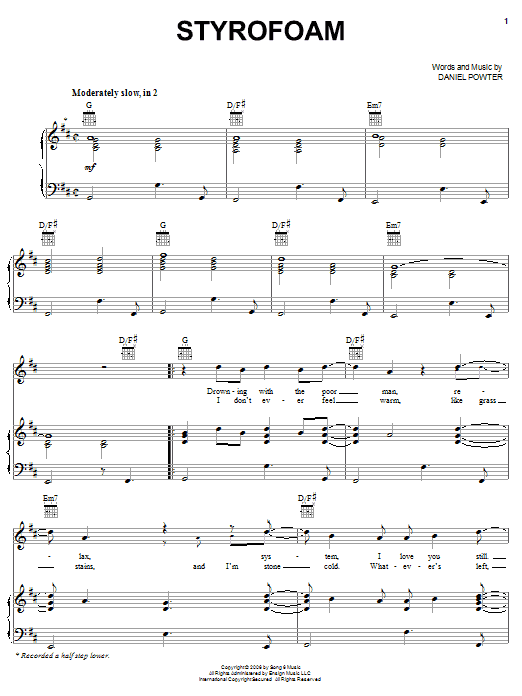 Daniel Powter Styrofoam sheet music notes and chords arranged for Piano, Vocal & Guitar Chords (Right-Hand Melody)