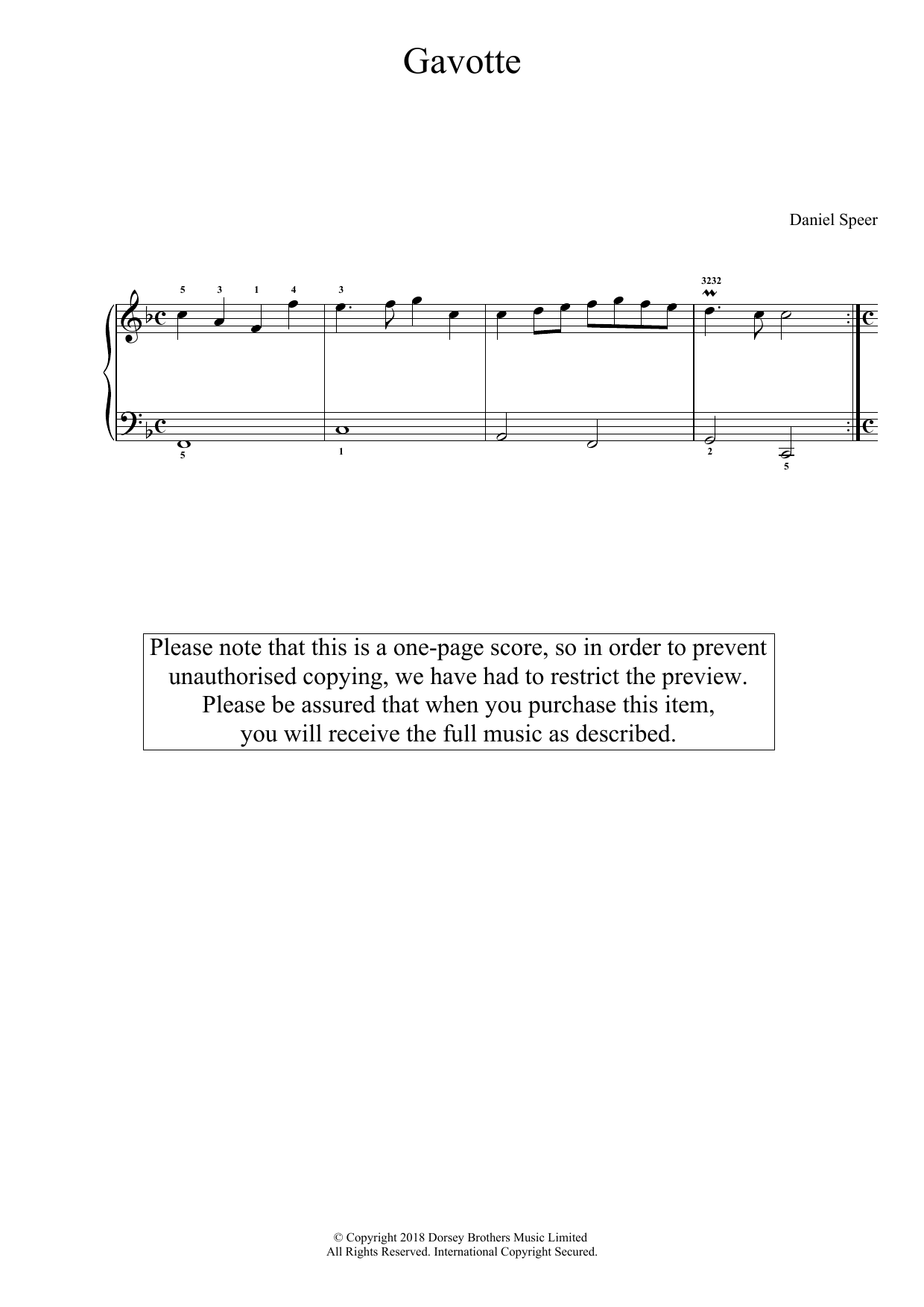 Daniel Speer Gavotte sheet music notes and chords arranged for Easy Piano