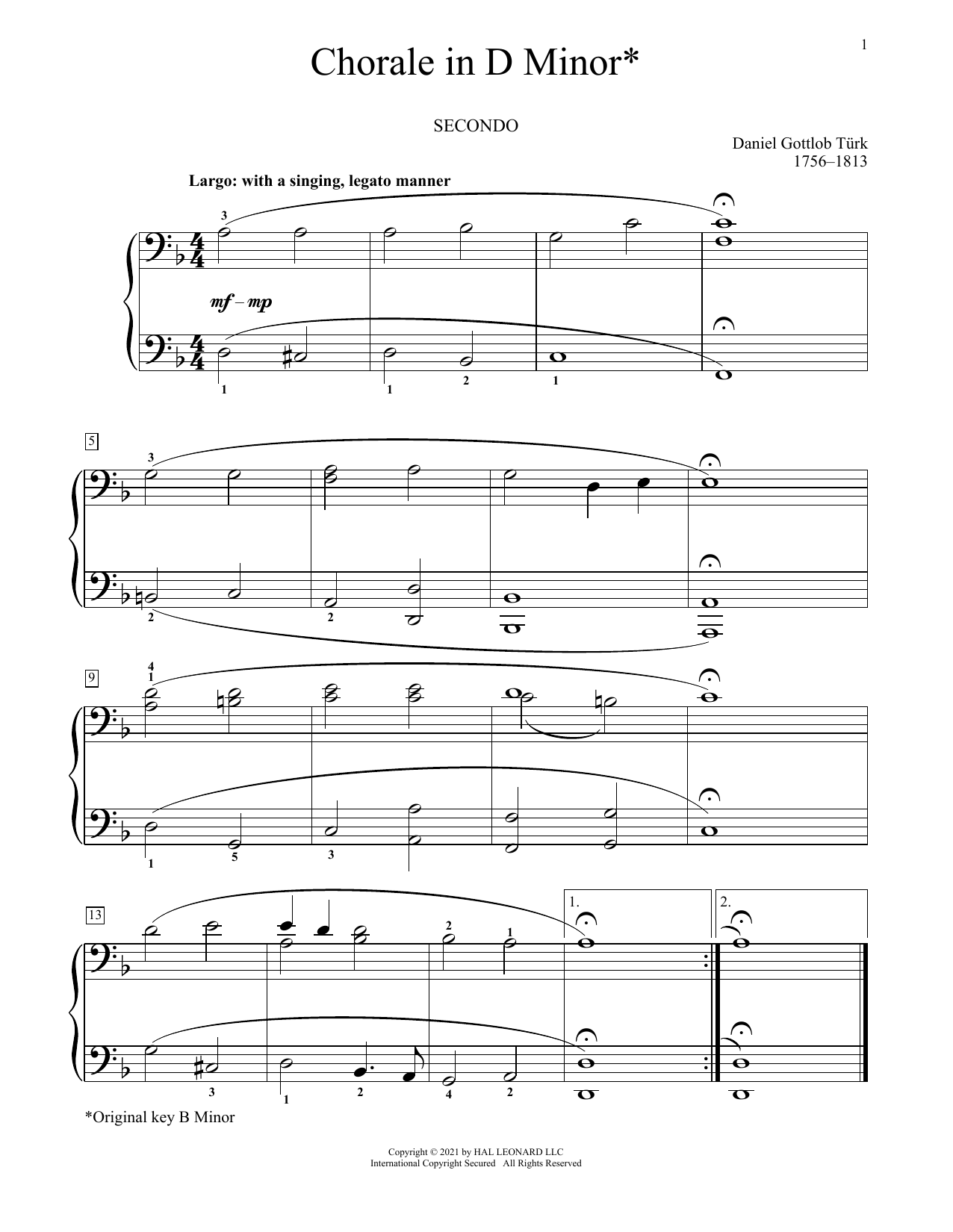 Daniel Turk Chorale In D Minor sheet music notes and chords arranged for Piano Duet