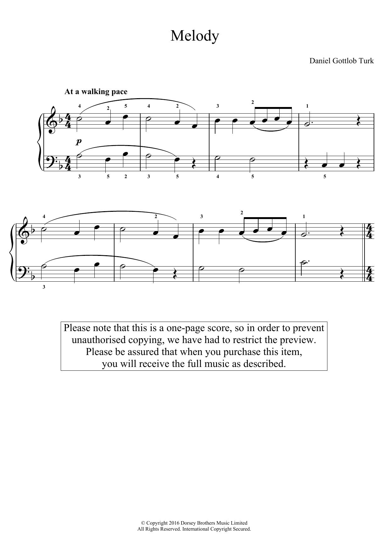 Daniel Gottlob Türk Melody sheet music notes and chords arranged for Easy Piano