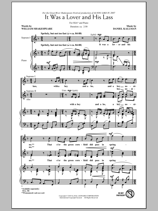 Daniel Kallman It Was A Lover And His Lass sheet music notes and chords. Download Printable PDF.