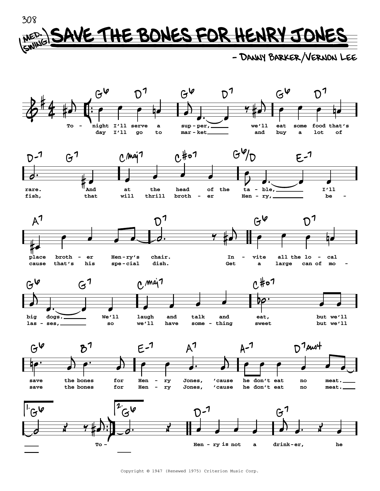 Danny Barker Save The Bones For Henry Jones (High Voice) sheet music notes and chords arranged for Real Book – Melody, Lyrics & Chords