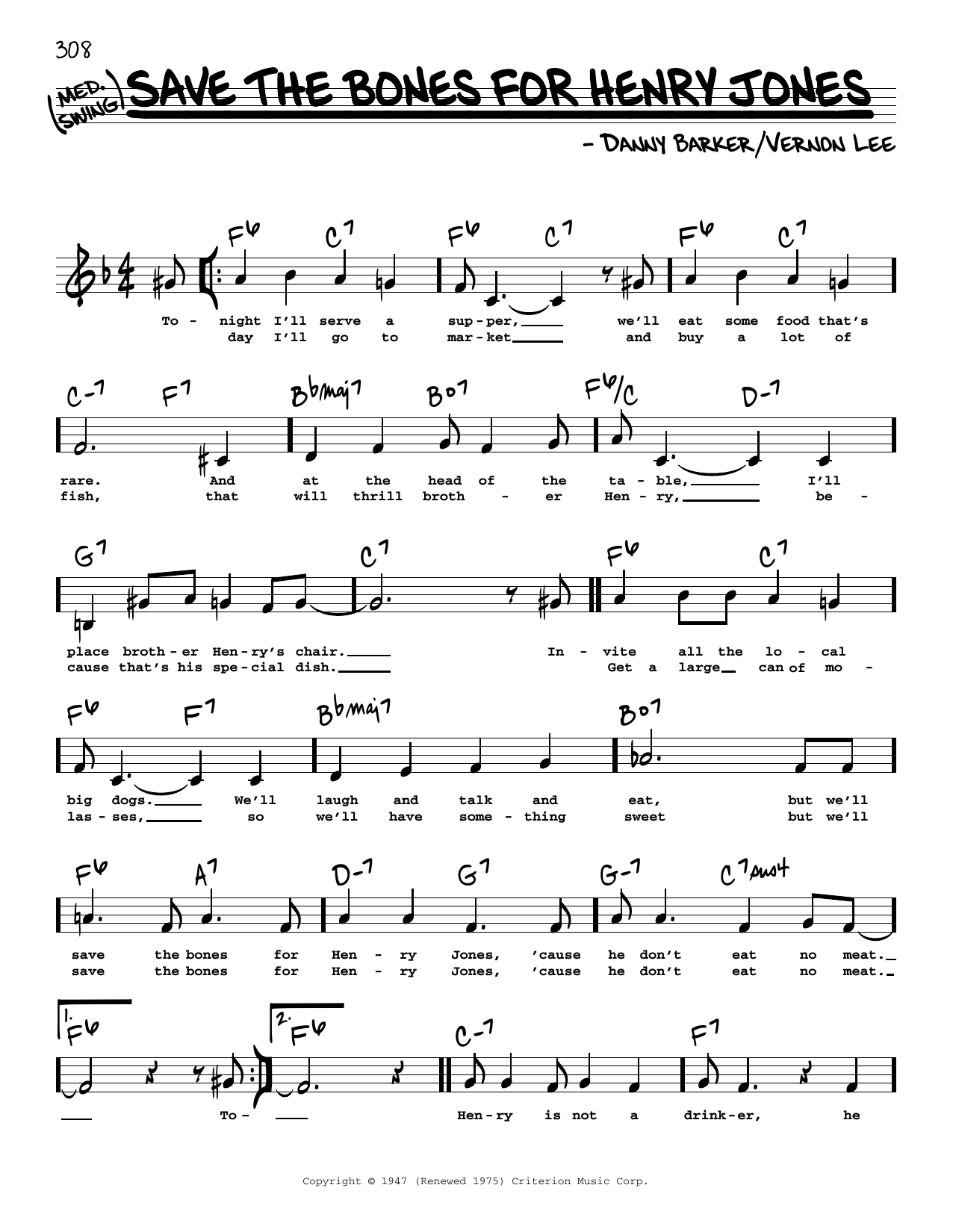 Danny Barker Save The Bones For Henry Jones (Low Voice) sheet music notes and chords arranged for Real Book – Melody, Lyrics & Chords