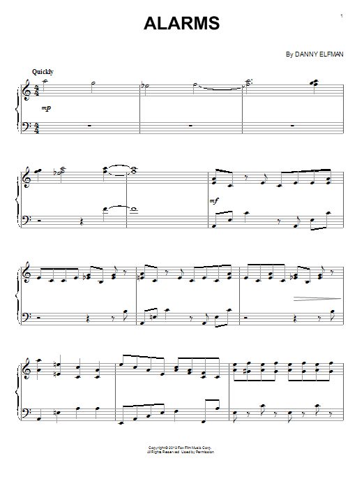 Danny Elfman Alarms sheet music notes and chords arranged for Piano Solo