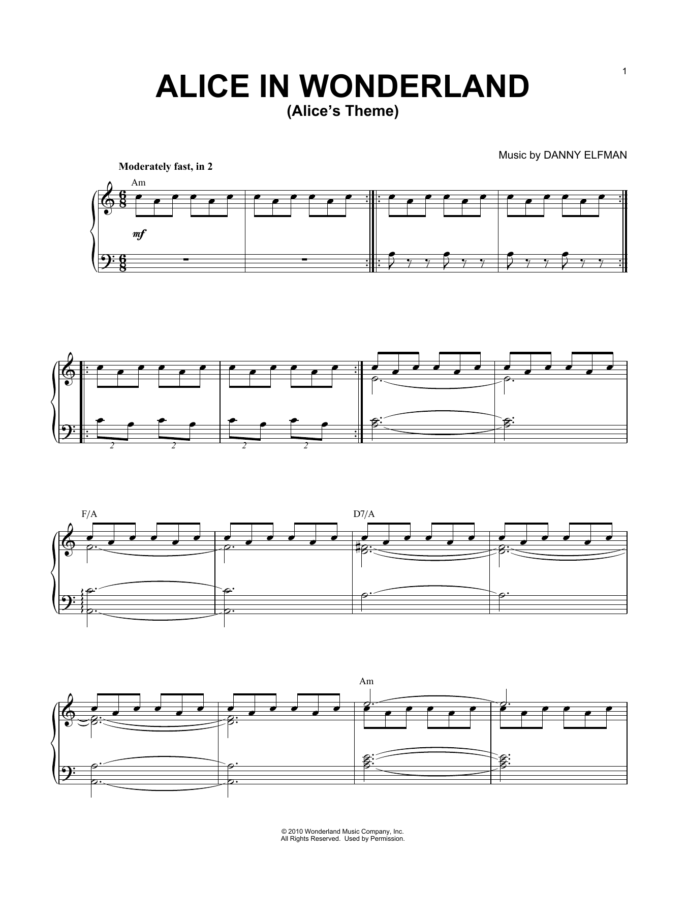 Danny Elfman Alice's Theme sheet music notes and chords arranged for Piano, Vocal & Guitar Chords (Right-Hand Melody)
