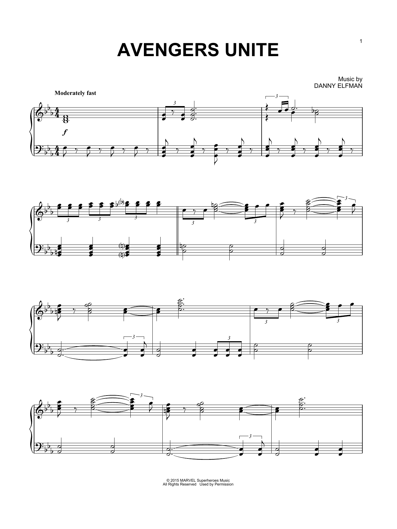 Danny Elfman Avengers Unite (from Avengers: Age of Ultron) sheet music notes and chords arranged for Piano Solo