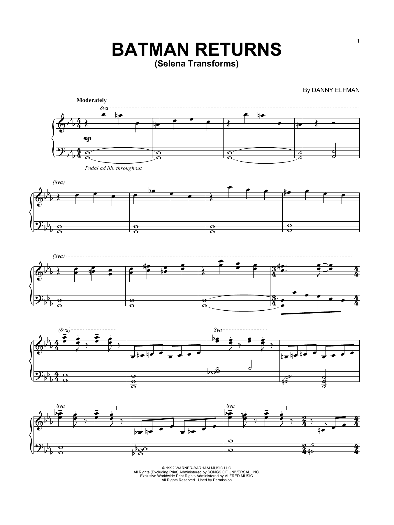 Danny Elfman Batman Returns (Selena Transforms) sheet music notes and chords arranged for Piano Solo