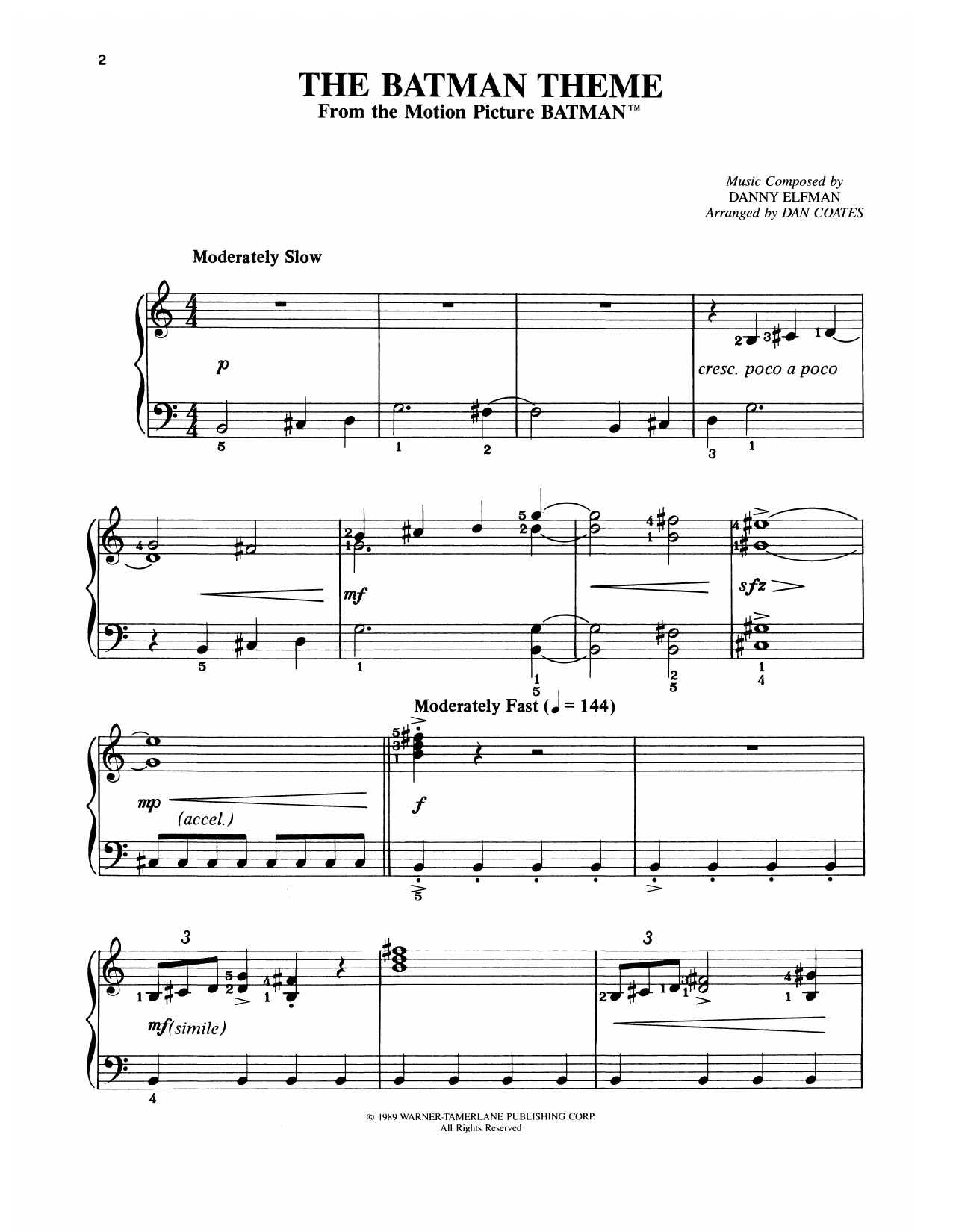 Danny Elfman Batman Theme (from Batman) (arr. Dan Coates) sheet music notes and chords arranged for Easy Piano