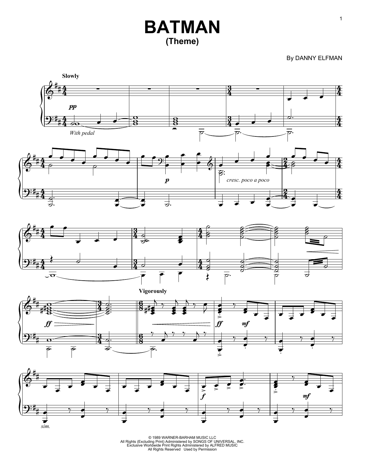 Danny Elfman Batman Theme sheet music notes and chords arranged for Easy Piano