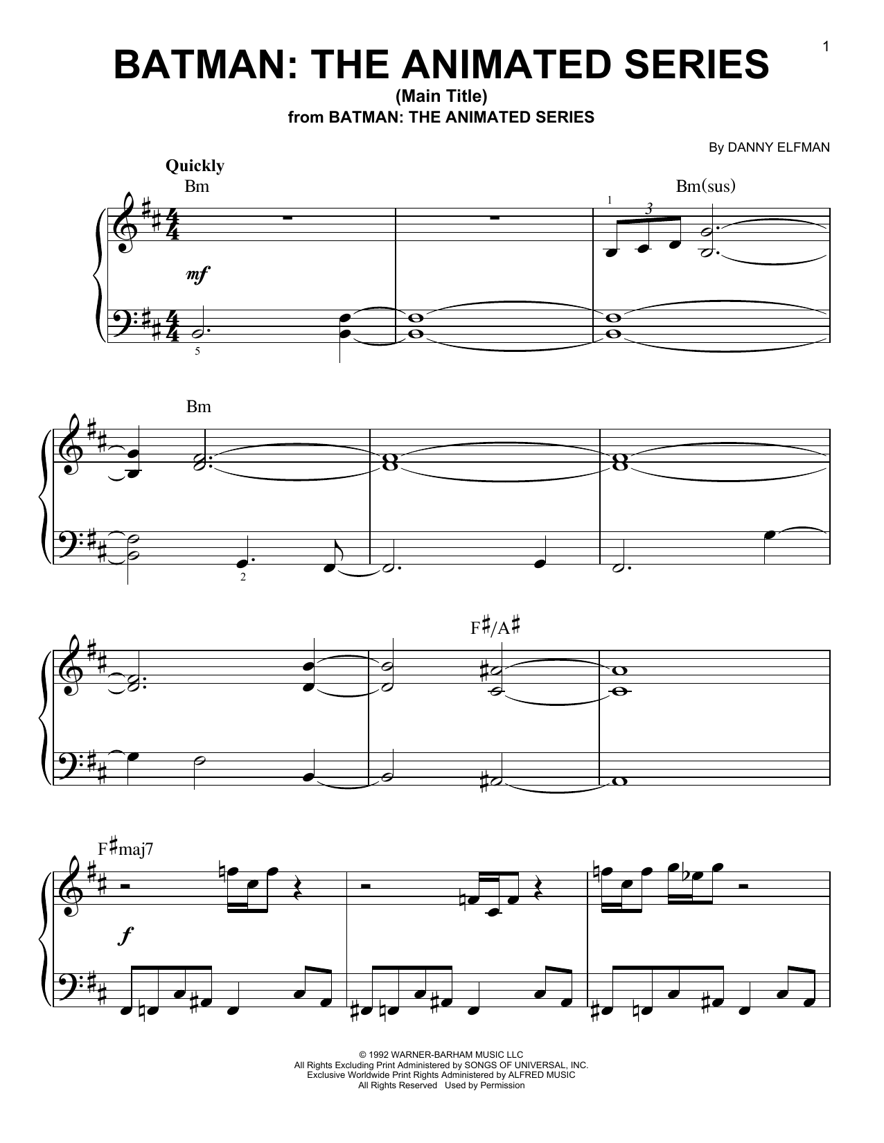 Danny Elfman Batman: The Animated Series (Main Title) sheet music notes and chords arranged for Big Note Piano