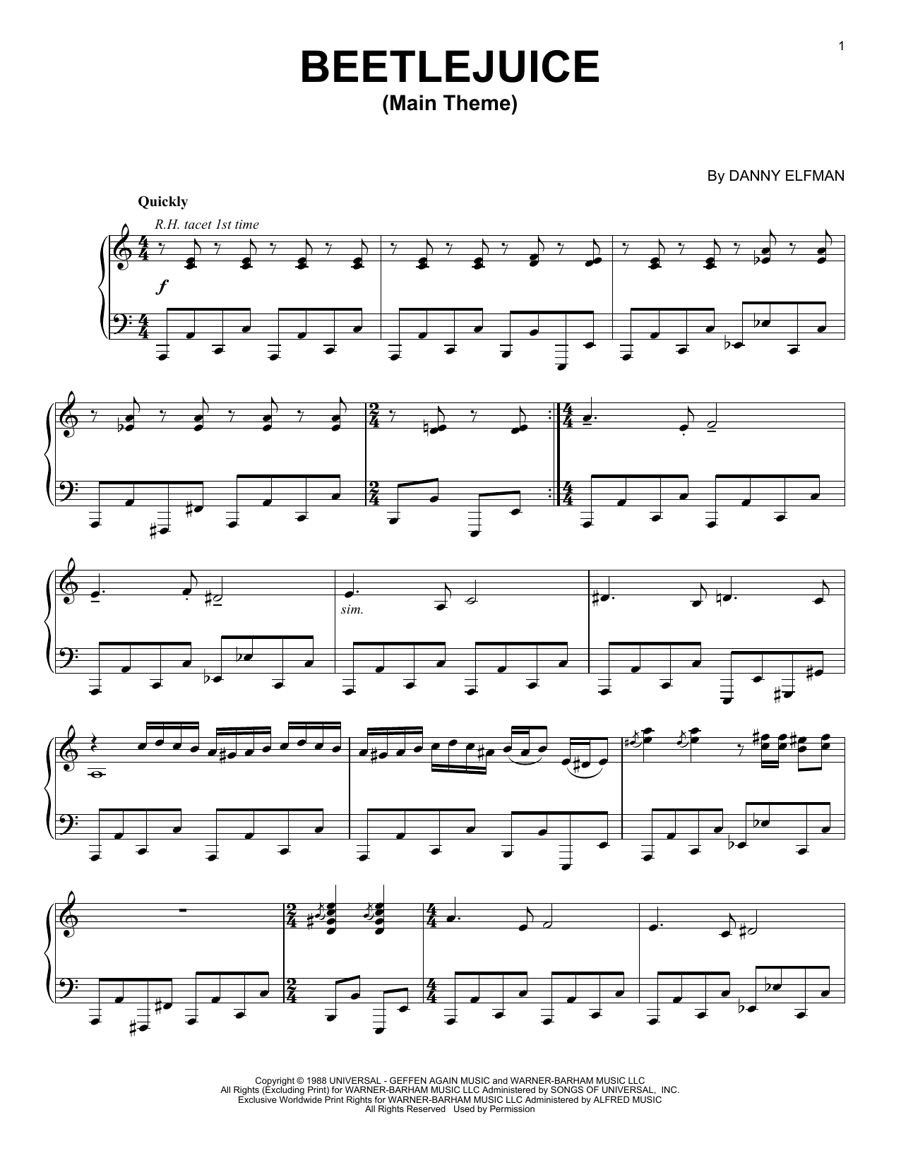 Danny Elfman Beetlejuice (Main Theme) sheet music notes and chords arranged for Beginner Piano