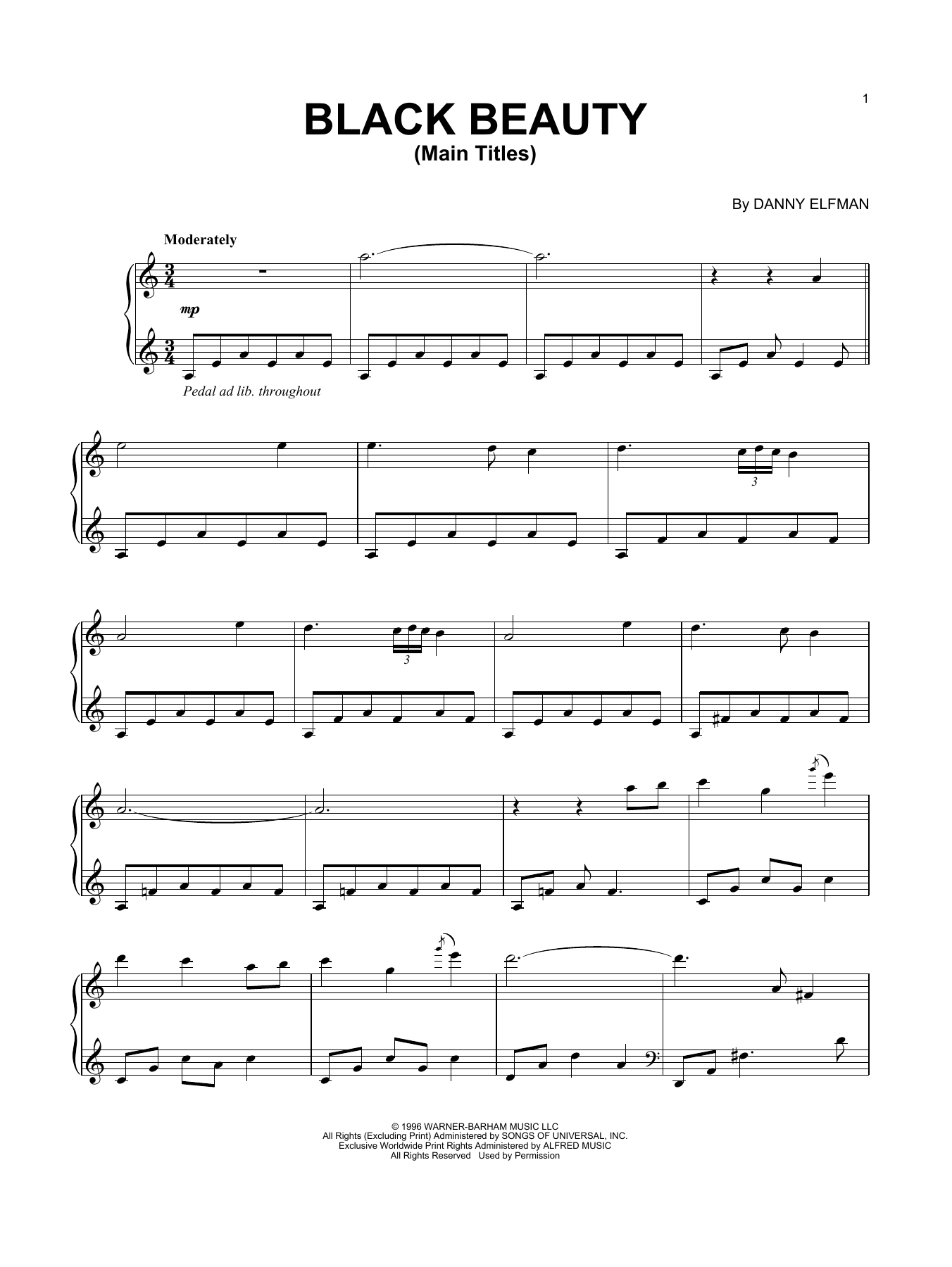 Danny Elfman Black Beauty (Main Titles) sheet music notes and chords arranged for Piano Solo