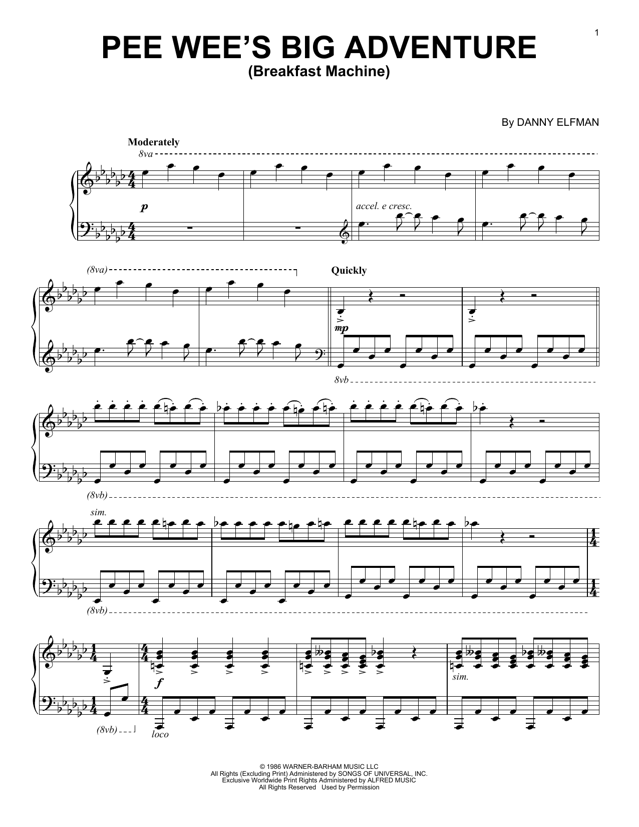 Danny Elfman Breakfast Machine (from Pee-wee's Big Adventure) sheet music notes and chords arranged for Piano Solo