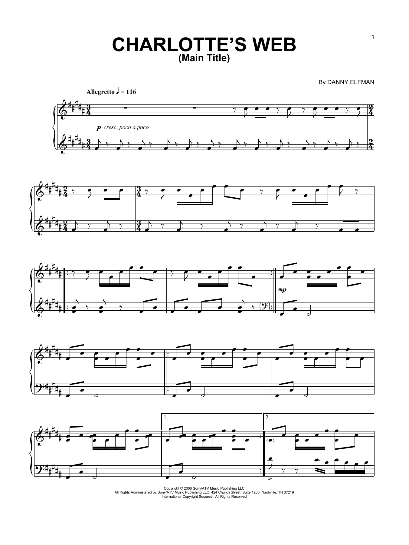 Danny Elfman Charlotte's Web Main Title sheet music notes and chords arranged for Piano Solo
