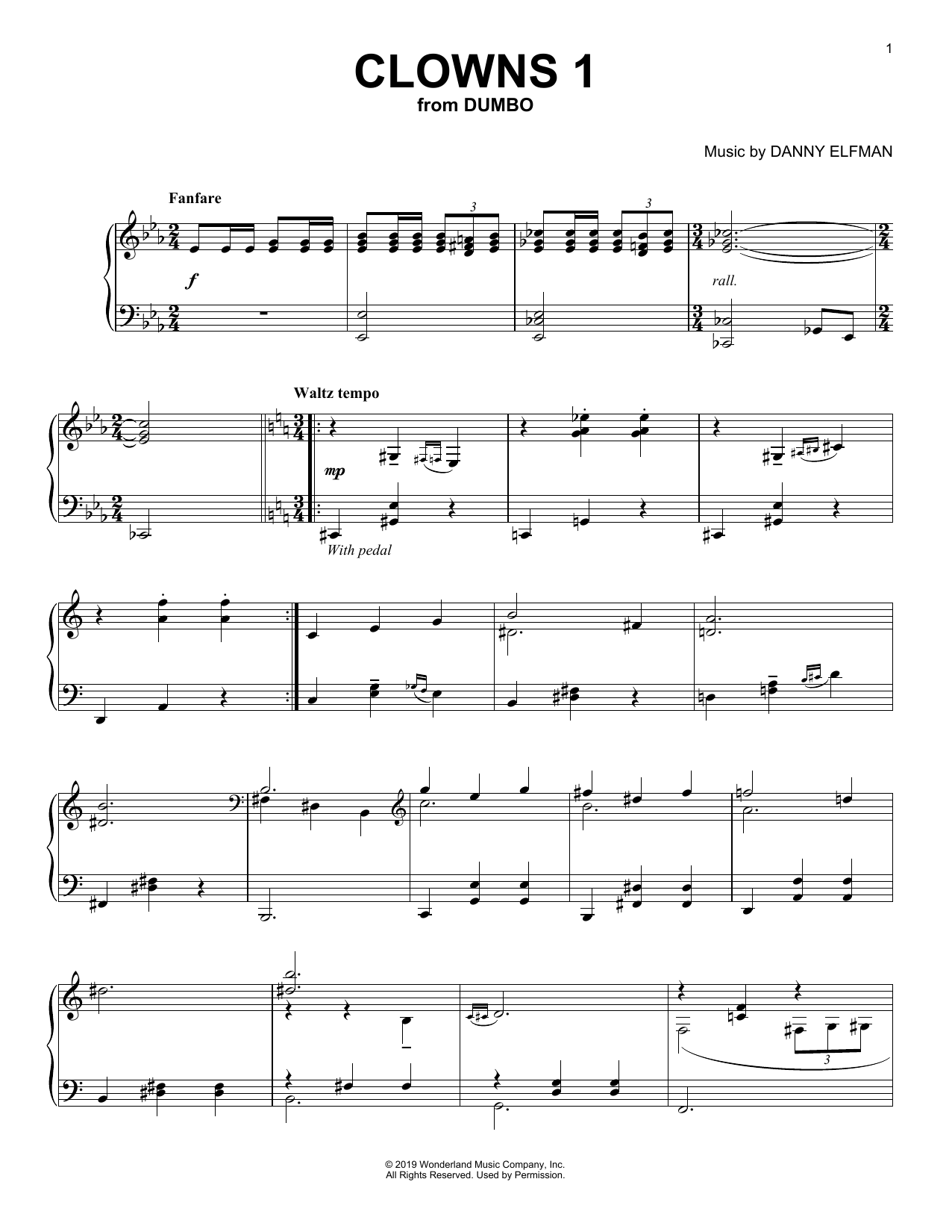 Danny Elfman Clowns 1 (from the Motion Picture Dumbo) sheet music notes and chords arranged for Piano Solo