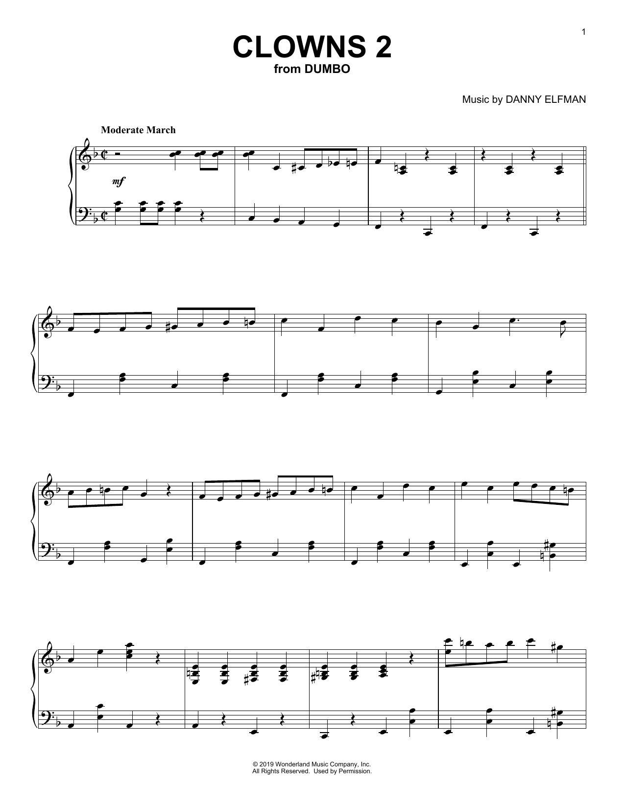 Danny Elfman Clowns 2 (from the Motion Picture Dumbo) sheet music notes and chords arranged for Piano Solo