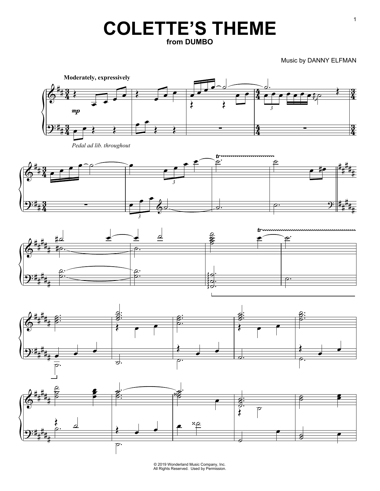 Danny Elfman Colette's Theme (from the Motion Picture Dumbo) sheet music notes and chords arranged for Piano Solo