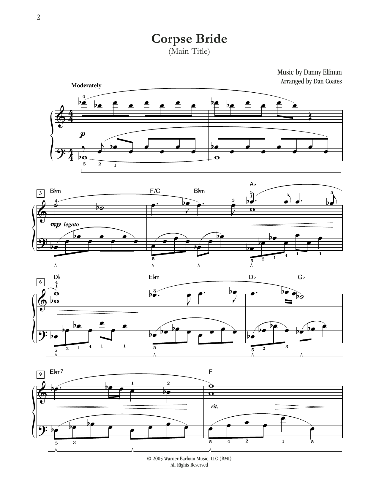 Danny Elfman Corpse Bride (Main Title) (arr. Dan Coates) sheet music notes and chords arranged for Easy Piano