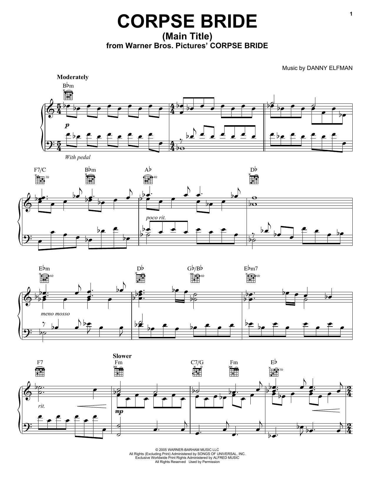Danny Elfman Corpse Bride (Main Title) sheet music notes and chords arranged for Piano Solo