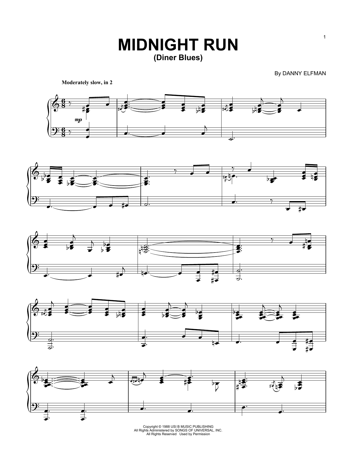 Danny Elfman Diner Blues sheet music notes and chords arranged for Piano Solo
