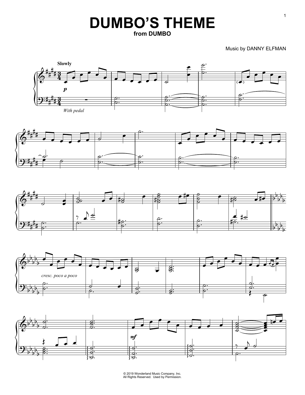Danny Elfman Dumbo's Theme (from the Motion Picture Dumbo) sheet music notes and chords arranged for Piano Solo