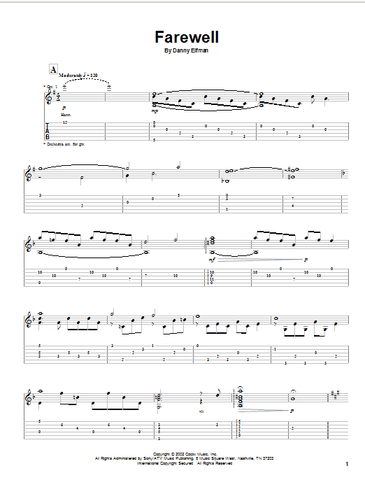 Danny Elfman Farewell sheet music notes and chords arranged for Guitar Tab