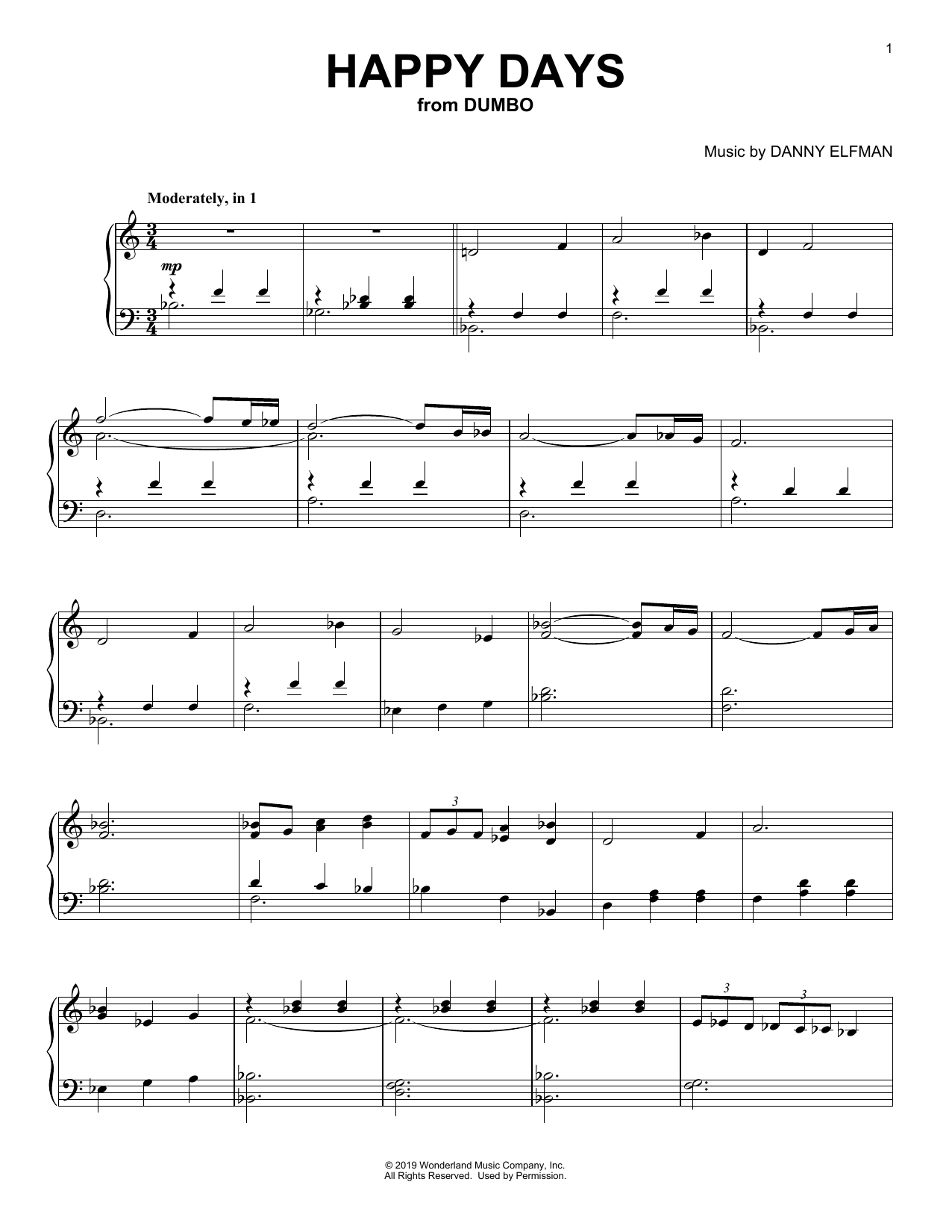 Danny Elfman Happy Days (from the Motion Picture Dumbo) sheet music notes and chords arranged for Piano Solo