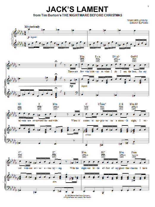 Danny Elfman Jack's Lament (from The Nightmare Before Christmas) sheet music notes and chords arranged for Piano, Vocal & Guitar Chords (Right-Hand Melody)