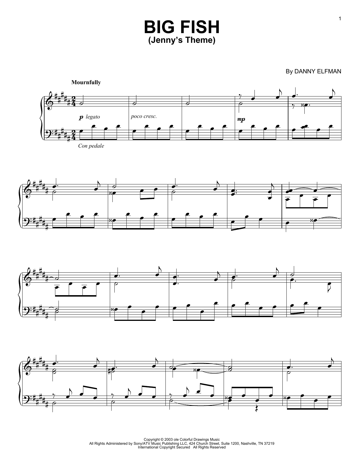 Danny Elfman Jenny's Theme sheet music notes and chords arranged for Piano Solo