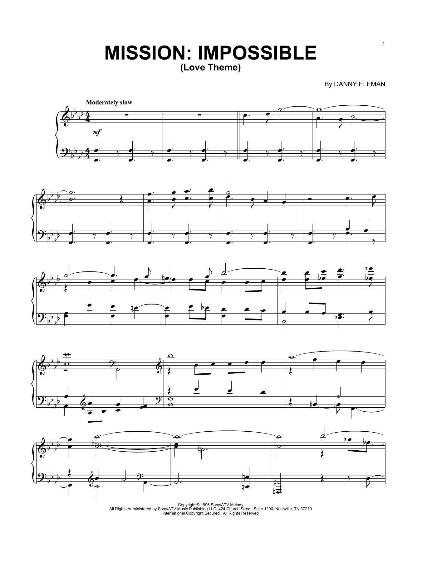 Danny Elfman Love Theme sheet music notes and chords arranged for Piano Solo
