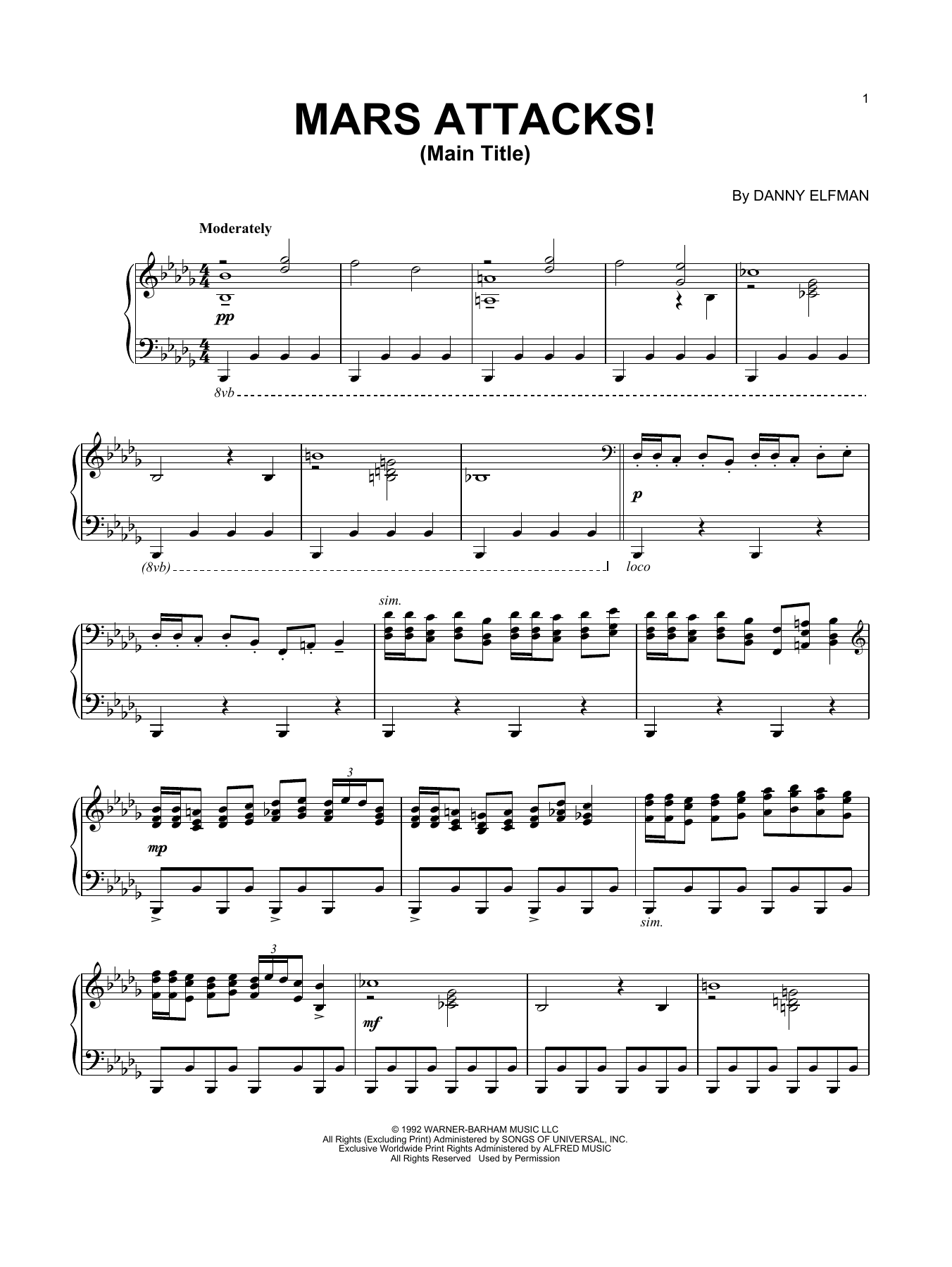 Danny Elfman Mars Attacks! (Main Title) sheet music notes and chords arranged for Piano Solo