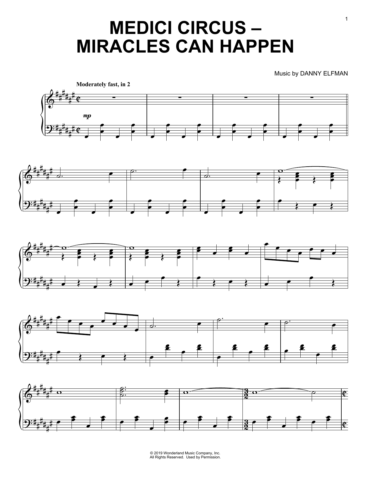 Danny Elfman Medici Circus-Miracles Can Happen (from the Motion Picture Dumbo) sheet music notes and chords arranged for Piano Solo