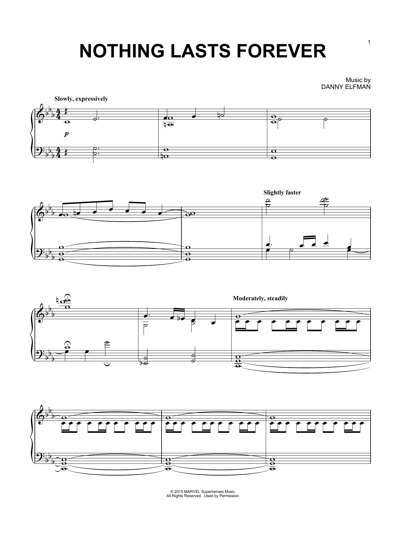 Danny Elfman Nothing Lasts Forever sheet music notes and chords arranged for Piano Solo