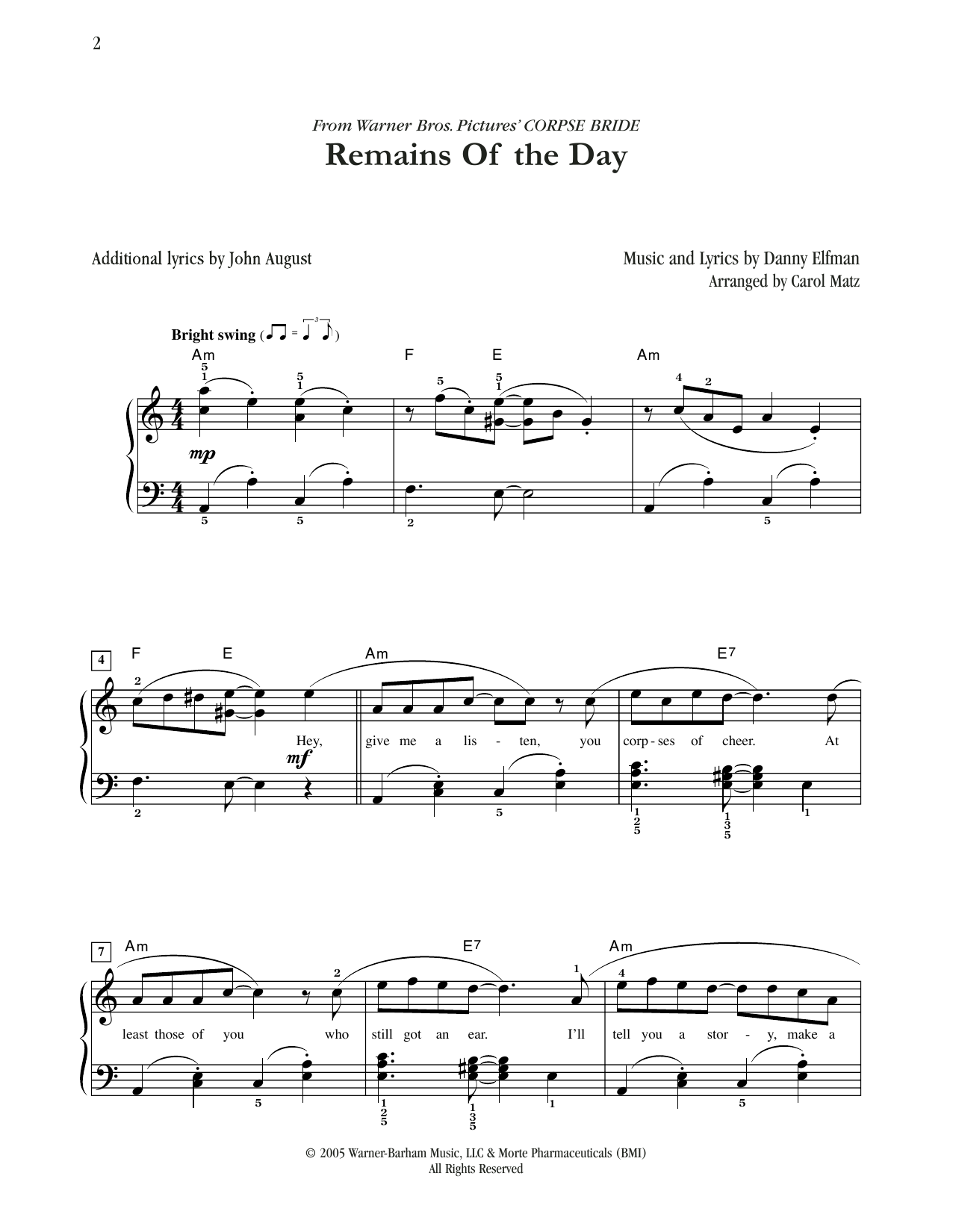 Danny Elfman Remains Of The Day (from Corpse Bride) (arr. Carol Matz) sheet music notes and chords arranged for Easy Piano