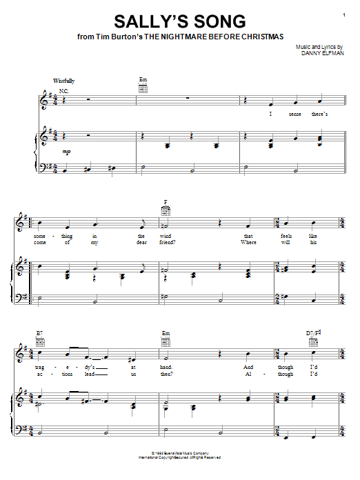 Danny Elfman Sally's Song (from The Nightmare Before Christmas) sheet music notes and chords arranged for Easy Piano